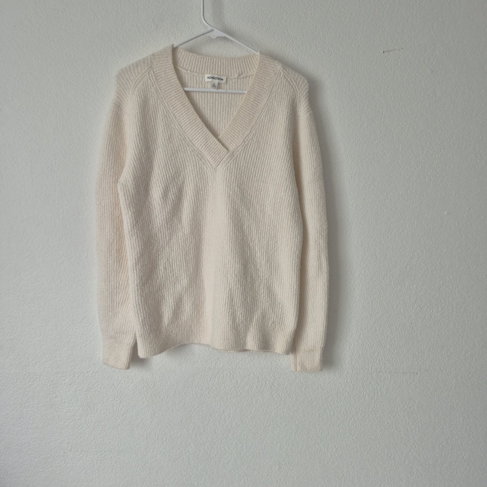 Nordstrom Sweater Womens Small Cream‎ V-Neck Baby Alpaca Wool Blend Long Sleeve